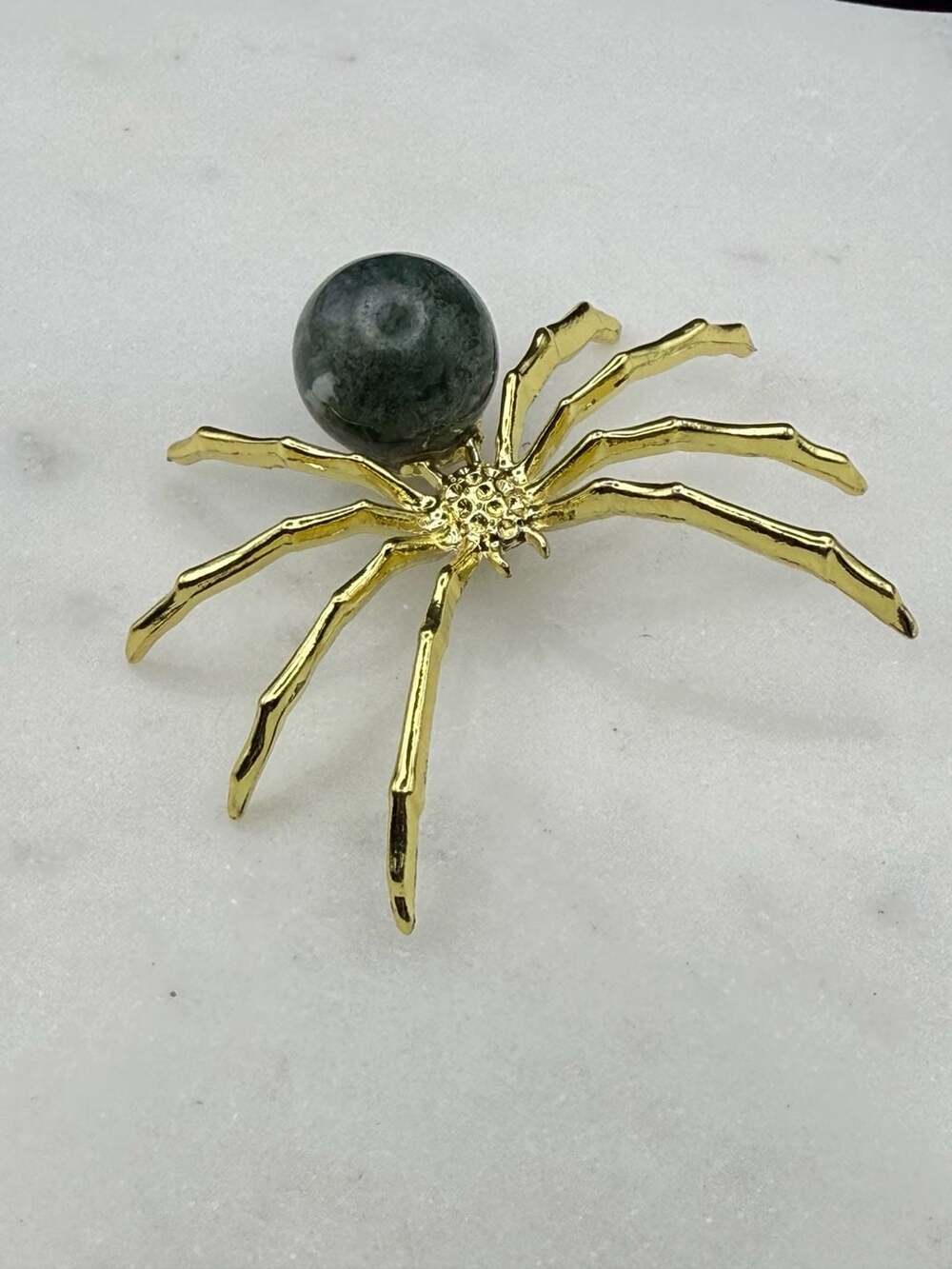 Green Moss Agate Crystal Sphere Gold Metal Small Spider Figurine - Picture 2 of 4